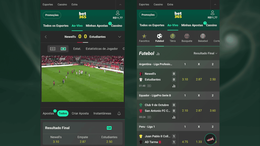 - Captura de tela da transmissão vivo da Bet365 - Captura de tela da seção de apostas ao vivo na Bet365