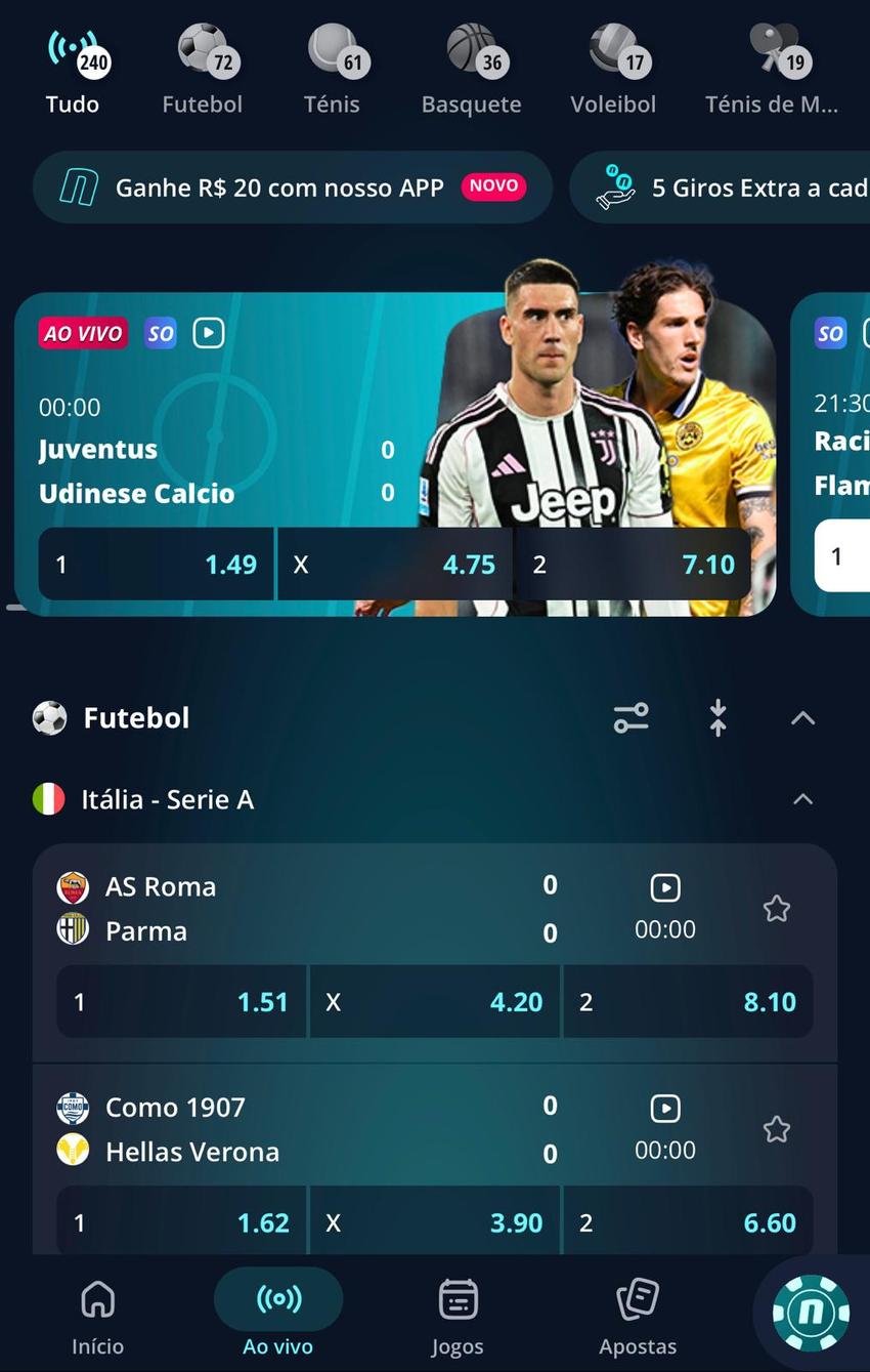 Captura da tela de apostas ao vivo na Novibet.