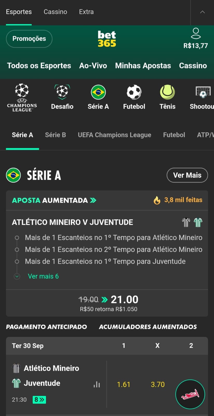 Captura de tela da página de apostas em futebol da Bet365