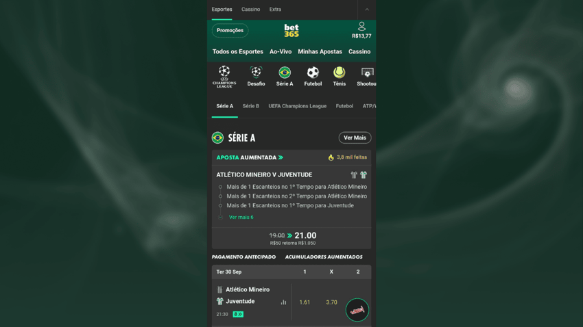 Captura de tela da página de apostas em futebol da Bet365