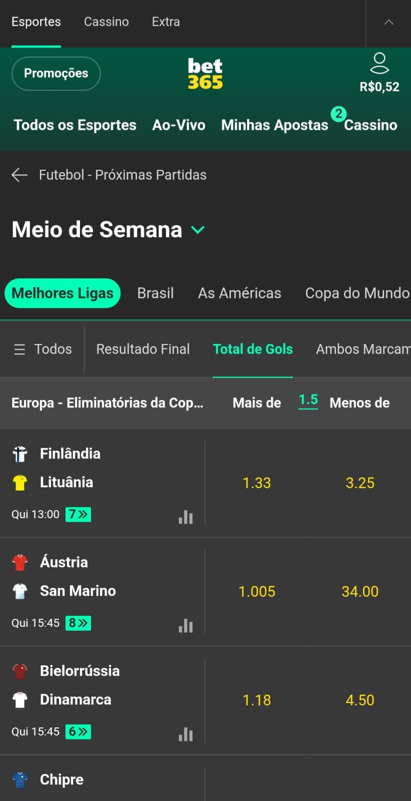 Captura de tela das apostas 1.5 gols na Bet365. 