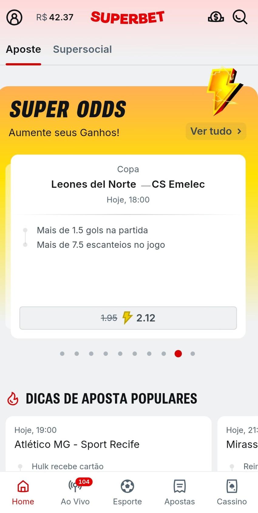 Captura de tela das super odds da Superbet.