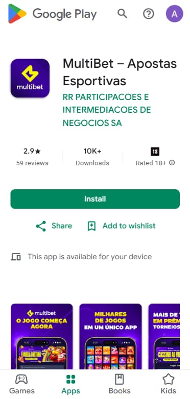 Página da Google Play do aplicativo Multibet Apostas Esportivas