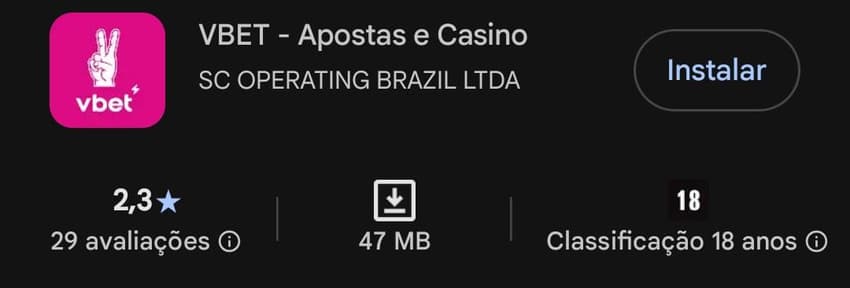 Captura de tela do App Vbet na Play Store