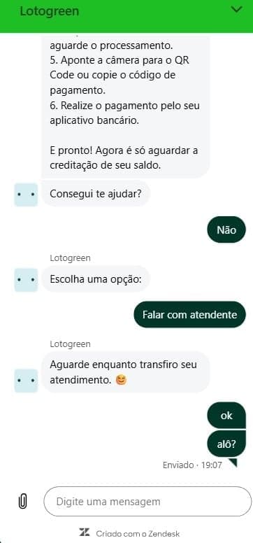 Captura da tela de atendimento ao vivo na Lotogreen.