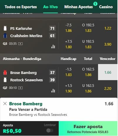 Captura de tela mostra como fazer aposta ao vivo no basquete bet365.