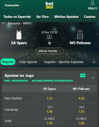 Captura de tela de odds para o jogo entre San Antonio Spurts e New Orleans Pelicans na bet365