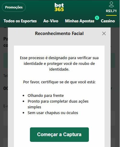 Captura da tela de verificação de identidade na bet365.