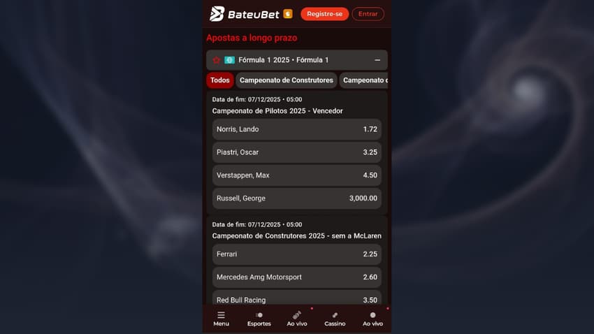 Apostas a longo prazo no Campeonato de Pilotos na BateuBet.