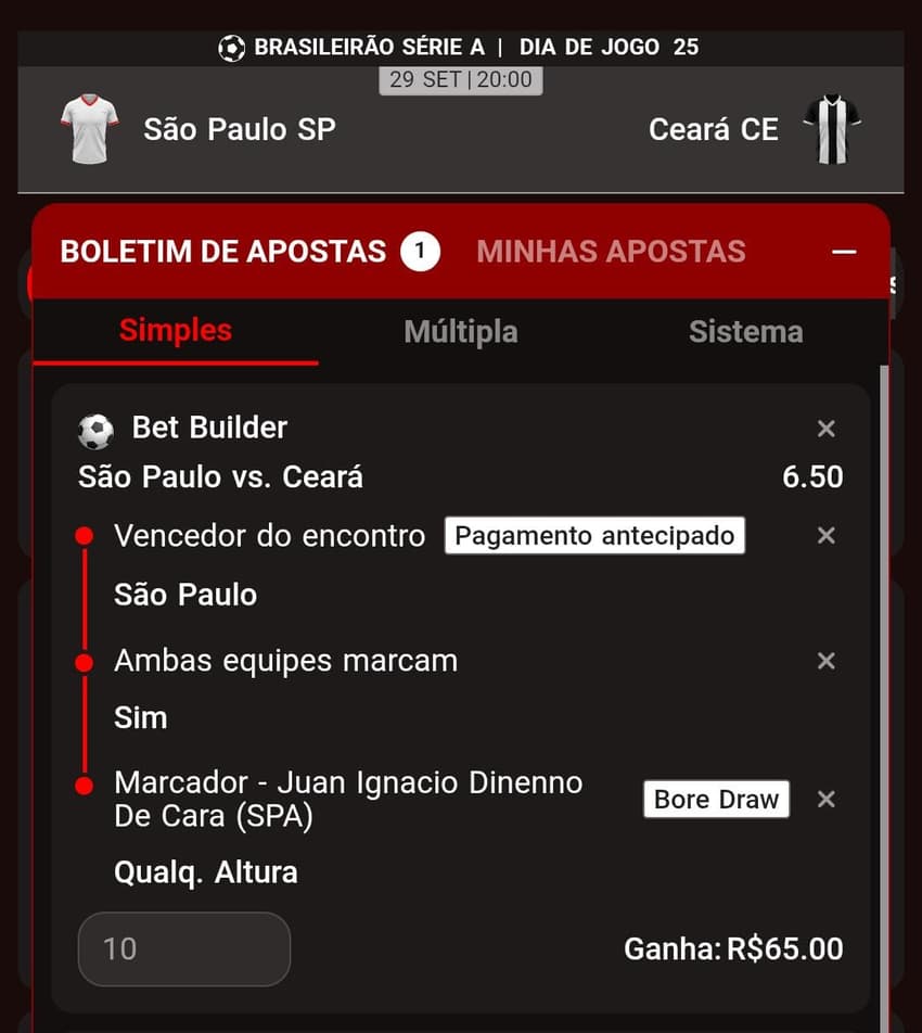 Captura de tela com a função Criar Aposta na BateuBet app