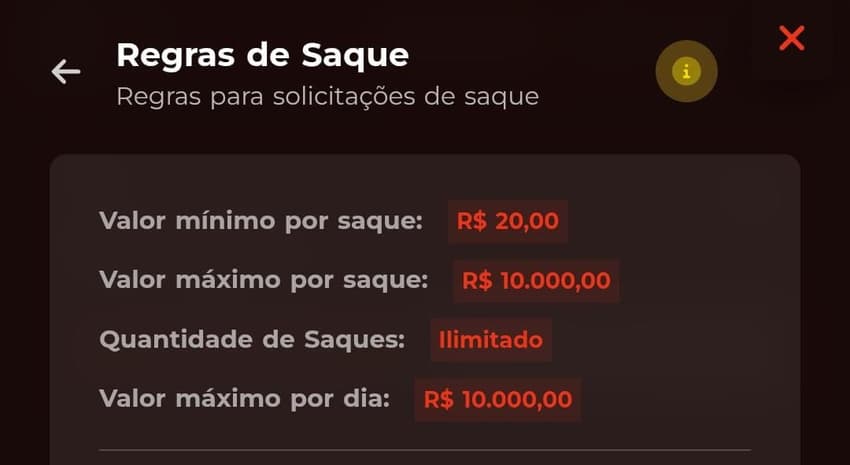 Captura de tela das regras de saque que comprovam que a BateuBet é confiável