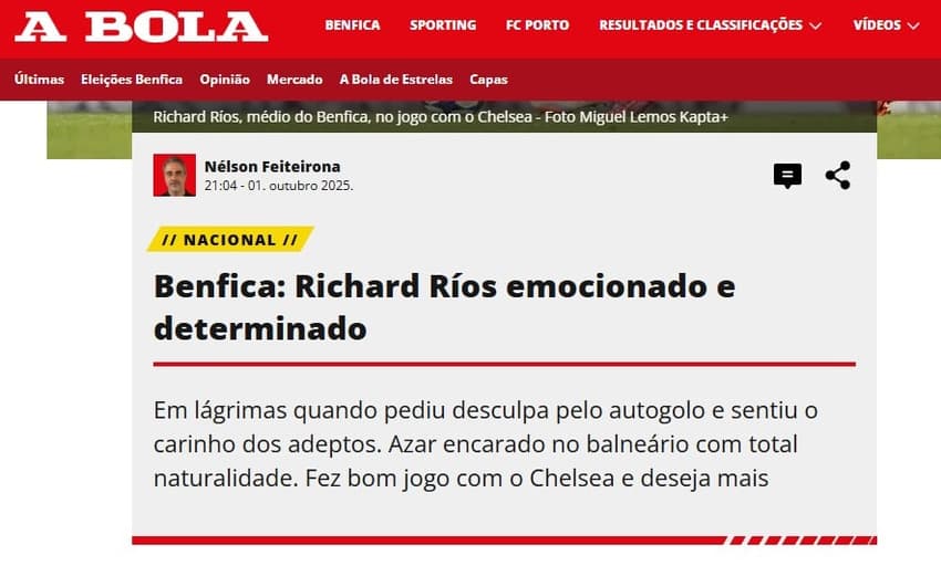 Jornal português "A Bola" repercute gol contra de Richard Ríos no Benfica (Foto: Reprodução)