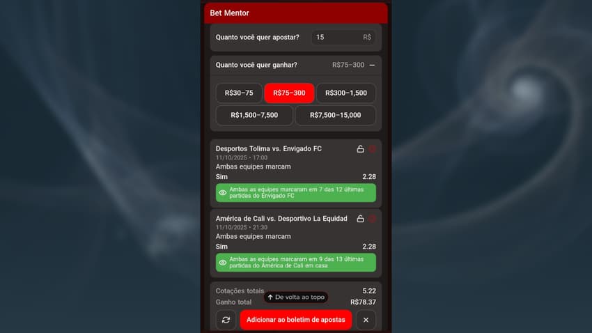 Captura de tela da ferramenta Bet Mentor da BateuBet apostas esportivas