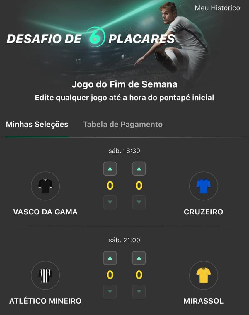 Captura de tela do Desafio de 6 placares no Bet365 app