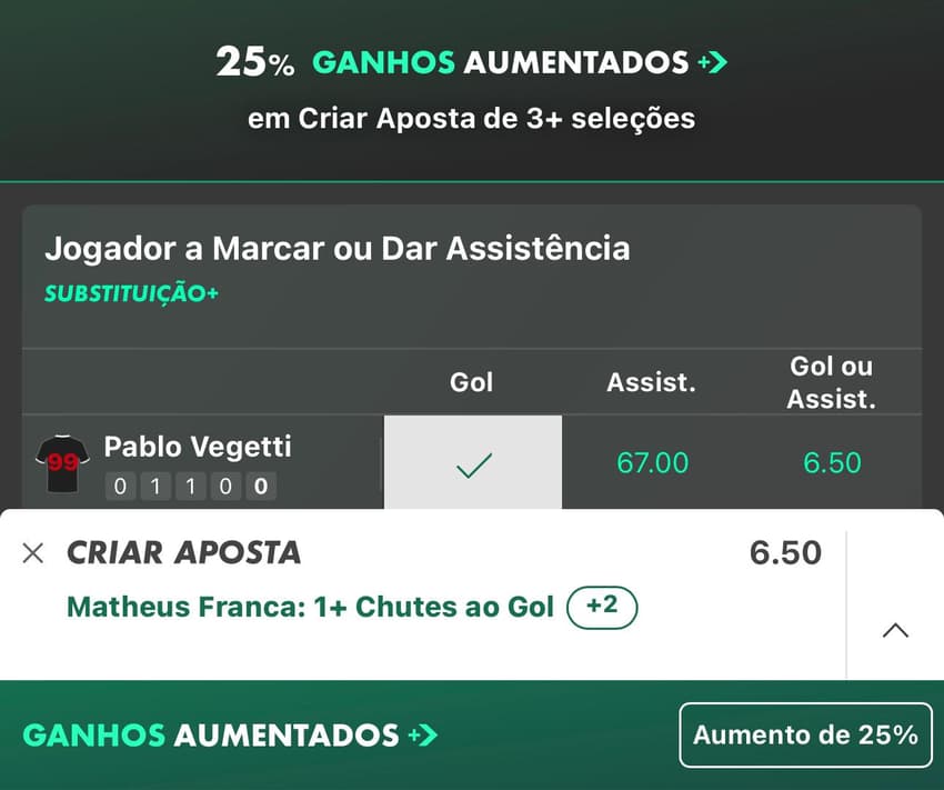 Captura de tela de Criar Aposta com Ganhos Aumentados no app Bet365