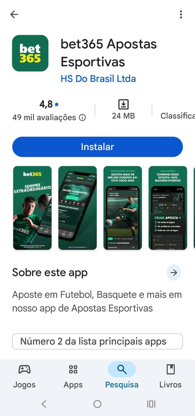 Captura de tela do app Bet365 para baixar na Play Store