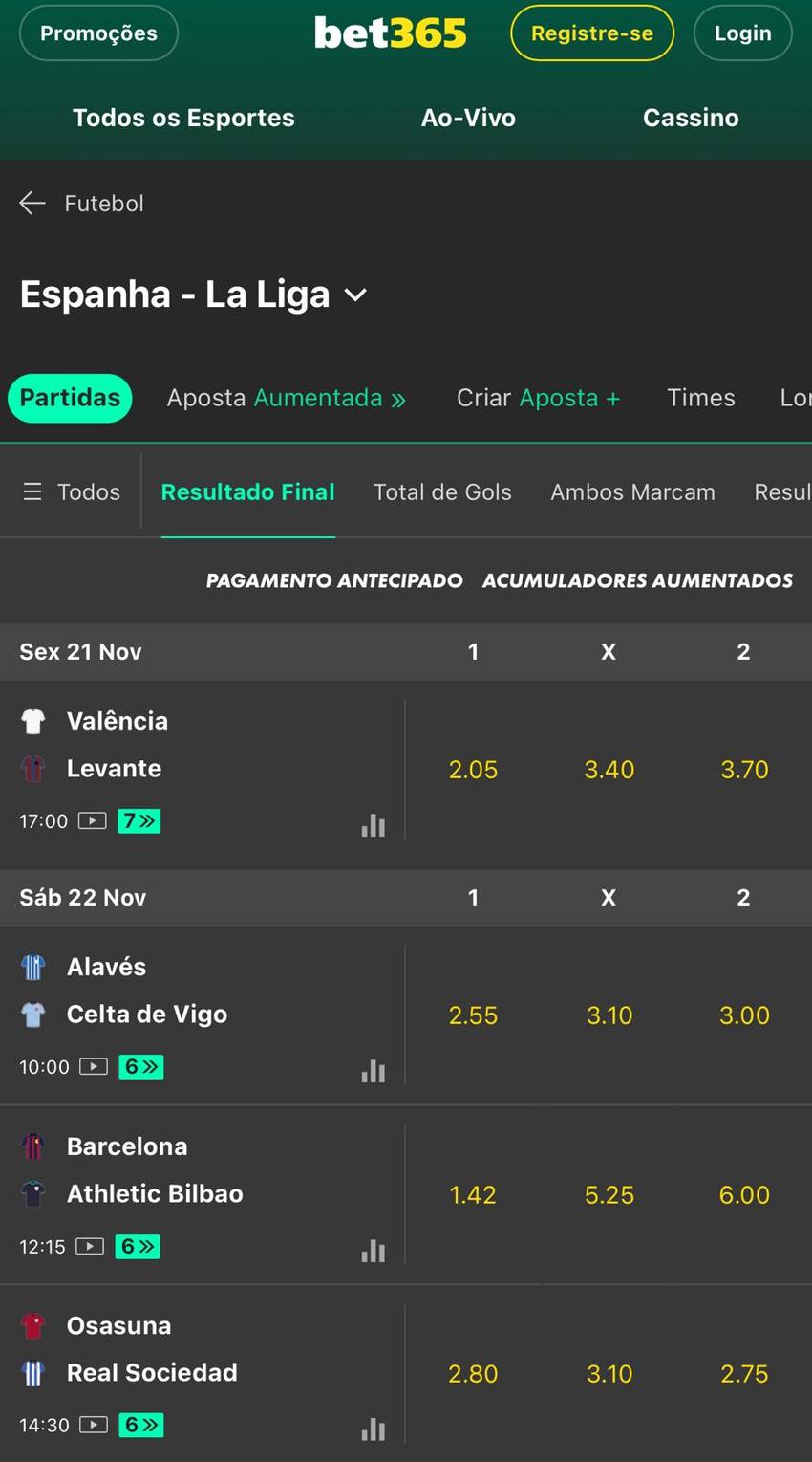 Captura de tela da bet365 feita no dia 20/11/2025 de jogos com streaming ao vivo.