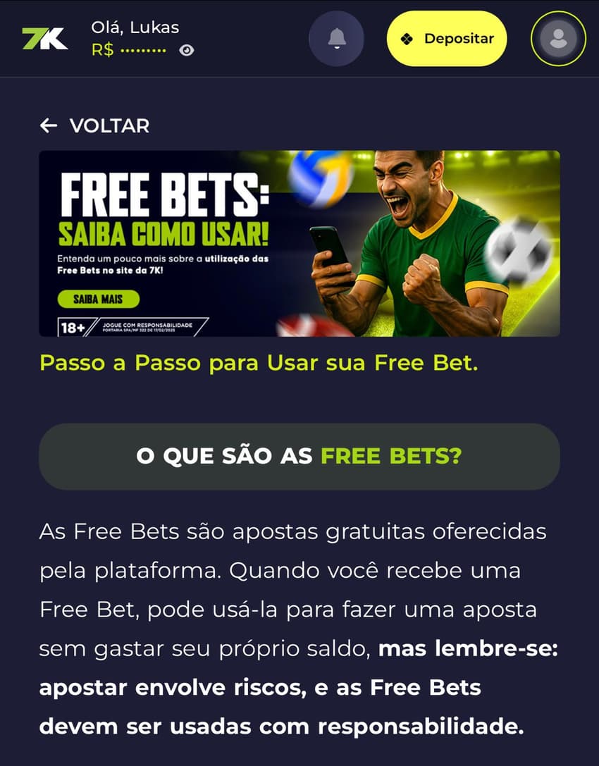 Captura de tela do passo a passo de como usar aposta grátis na Bet7K.