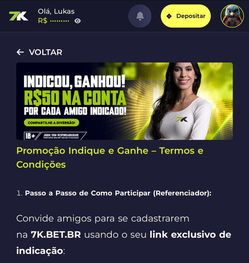 Captura de tela do programa de indicação da Bet7K.