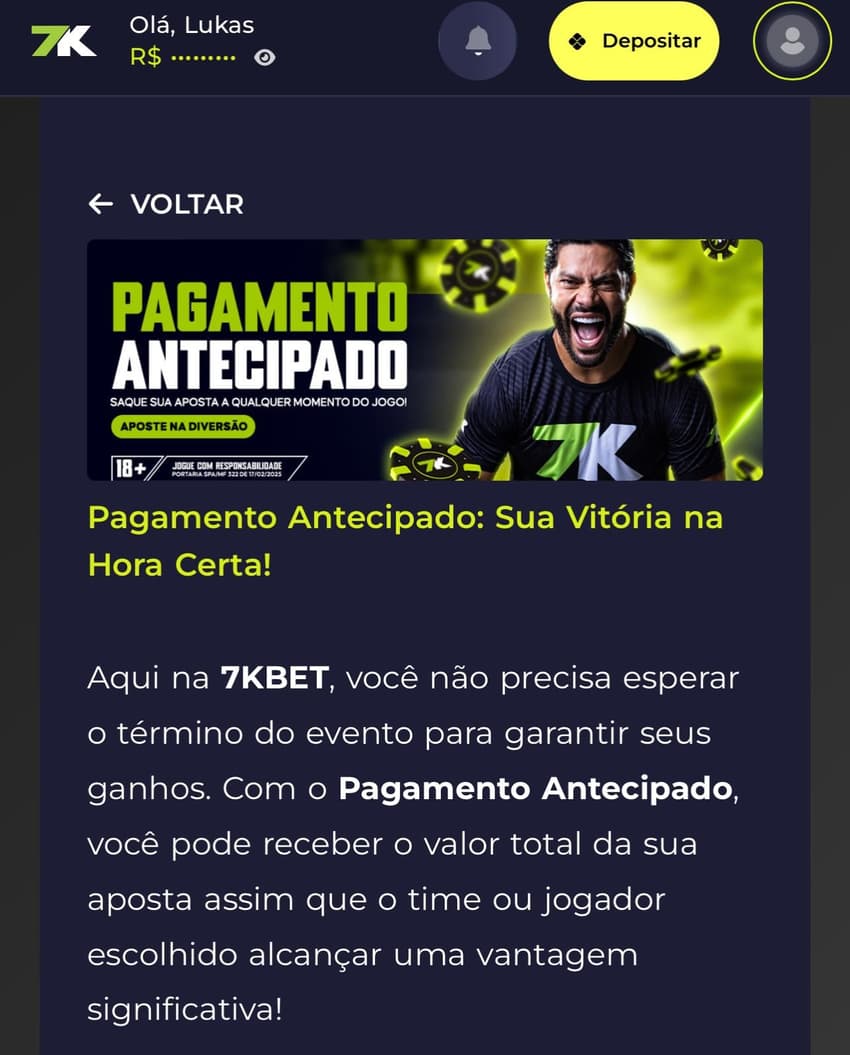 Captura de tela da promoção de Pagamento Antecipado na Bet7K.