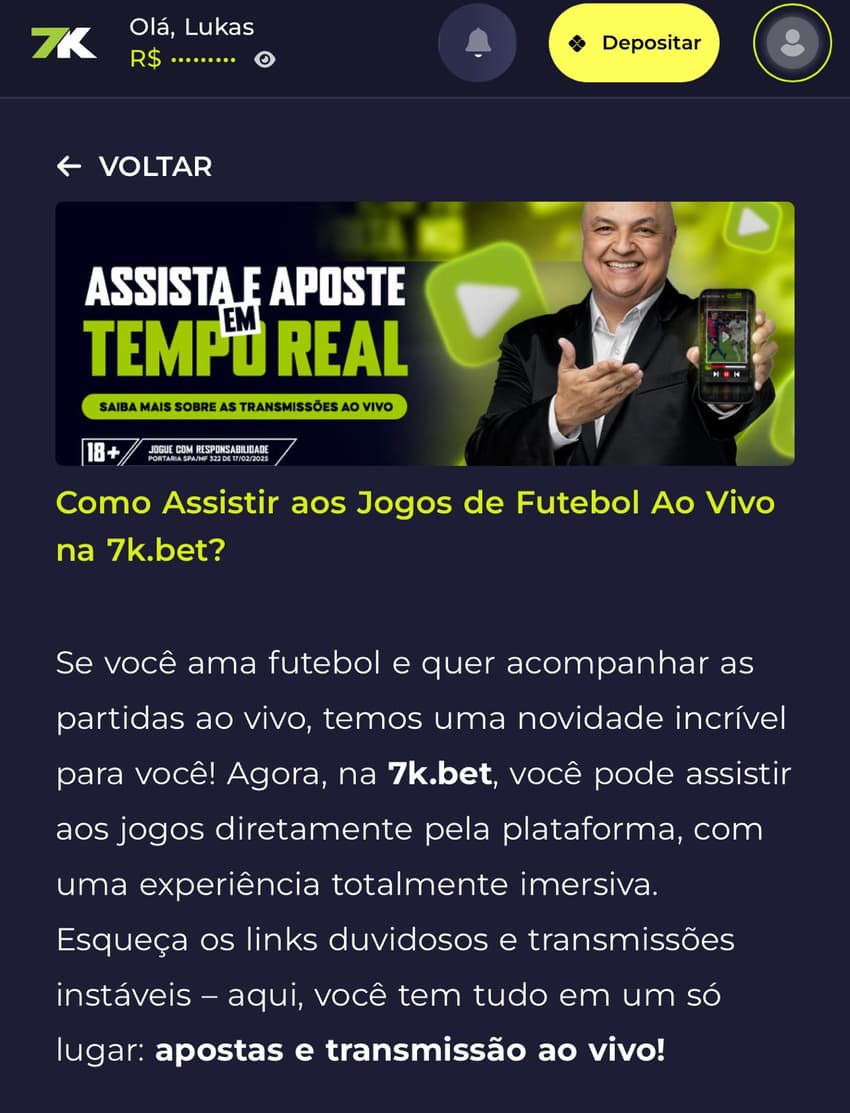 Captura de tela do anúncio de Live Streaming da Bet7K.