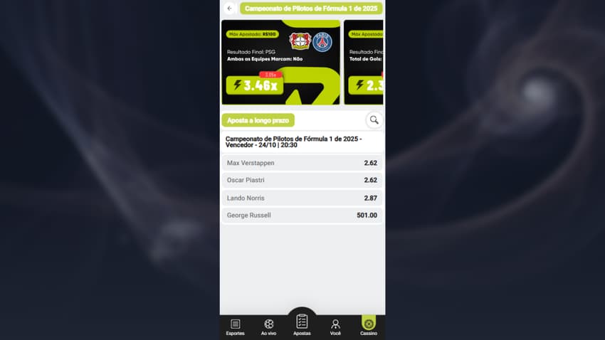 Plataforma BetAki com odds atraentes para o Campeonato de Pilotos e Grand Prix.