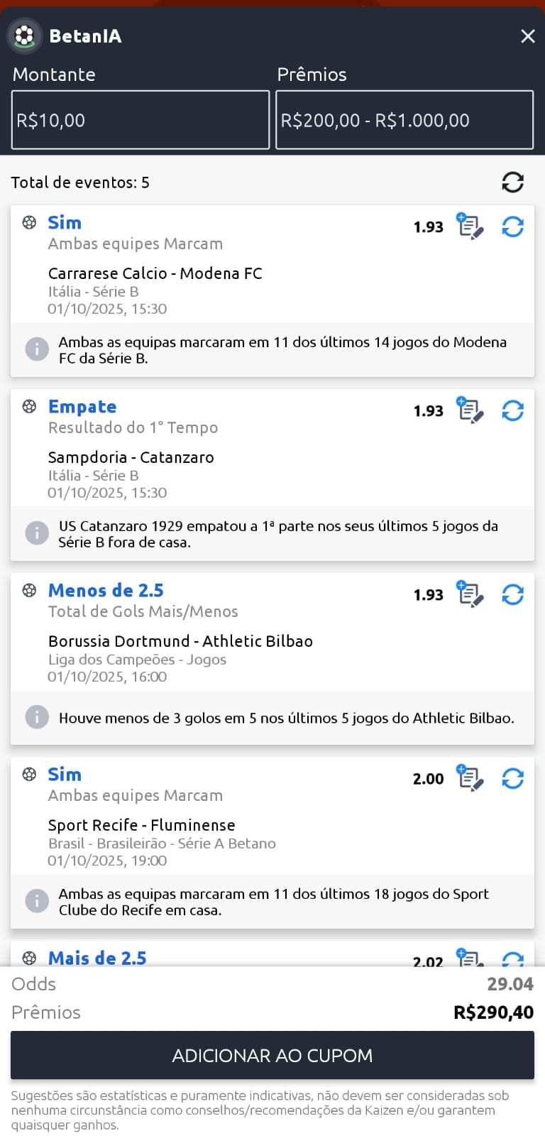 Captura de tela com BetanIA da Betano que seleciona apostas com inteligência artificial