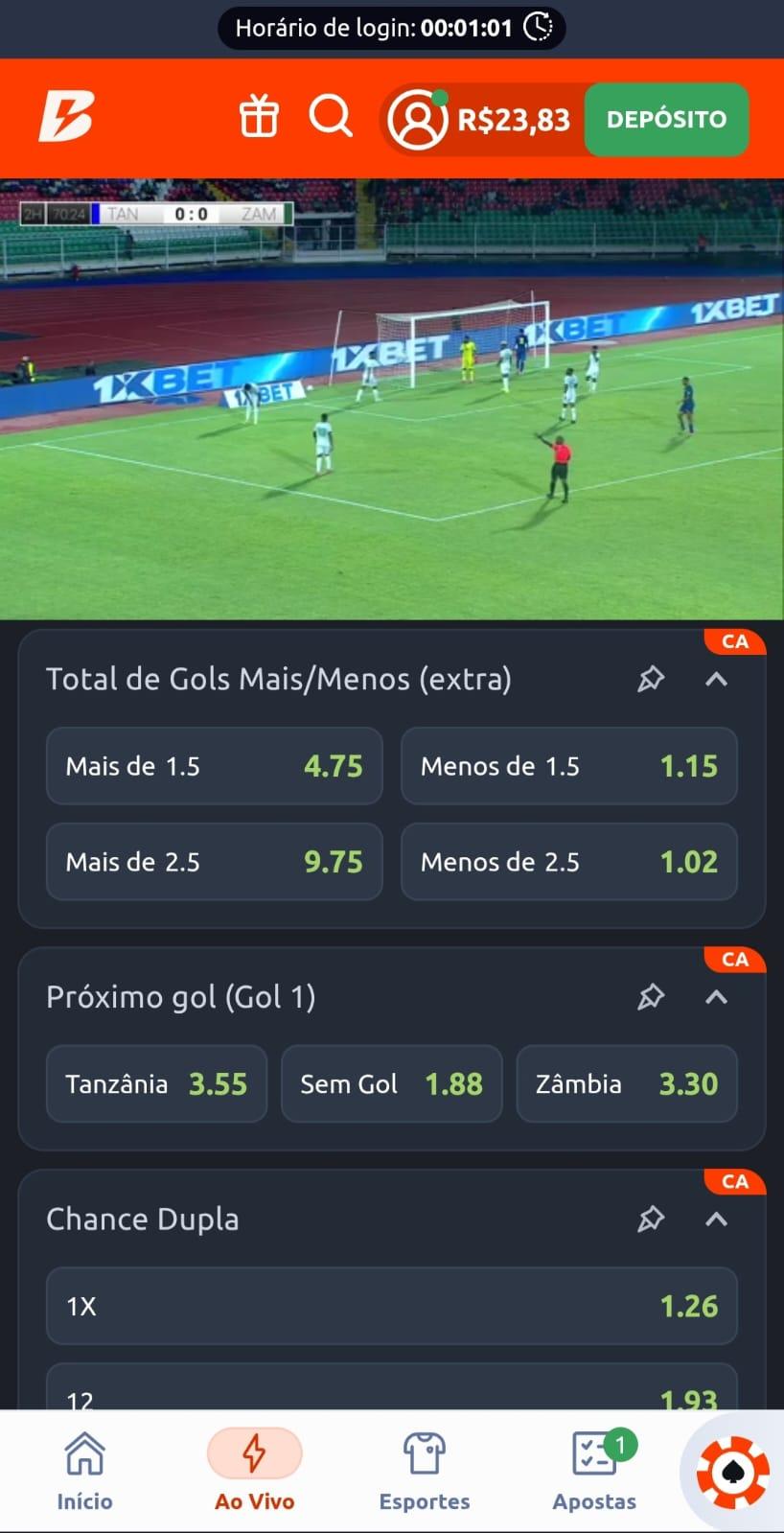 Captura de tela das apostas ao vivo na Betano.