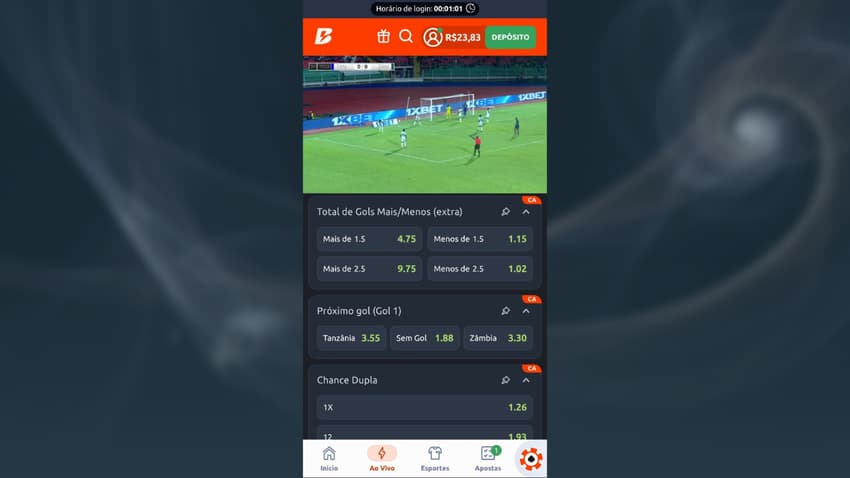 Captura de tela das apostas ao vivo na Betano