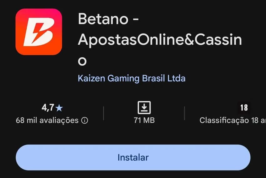 Captura de tela da página de download do Betano App na Play Store.