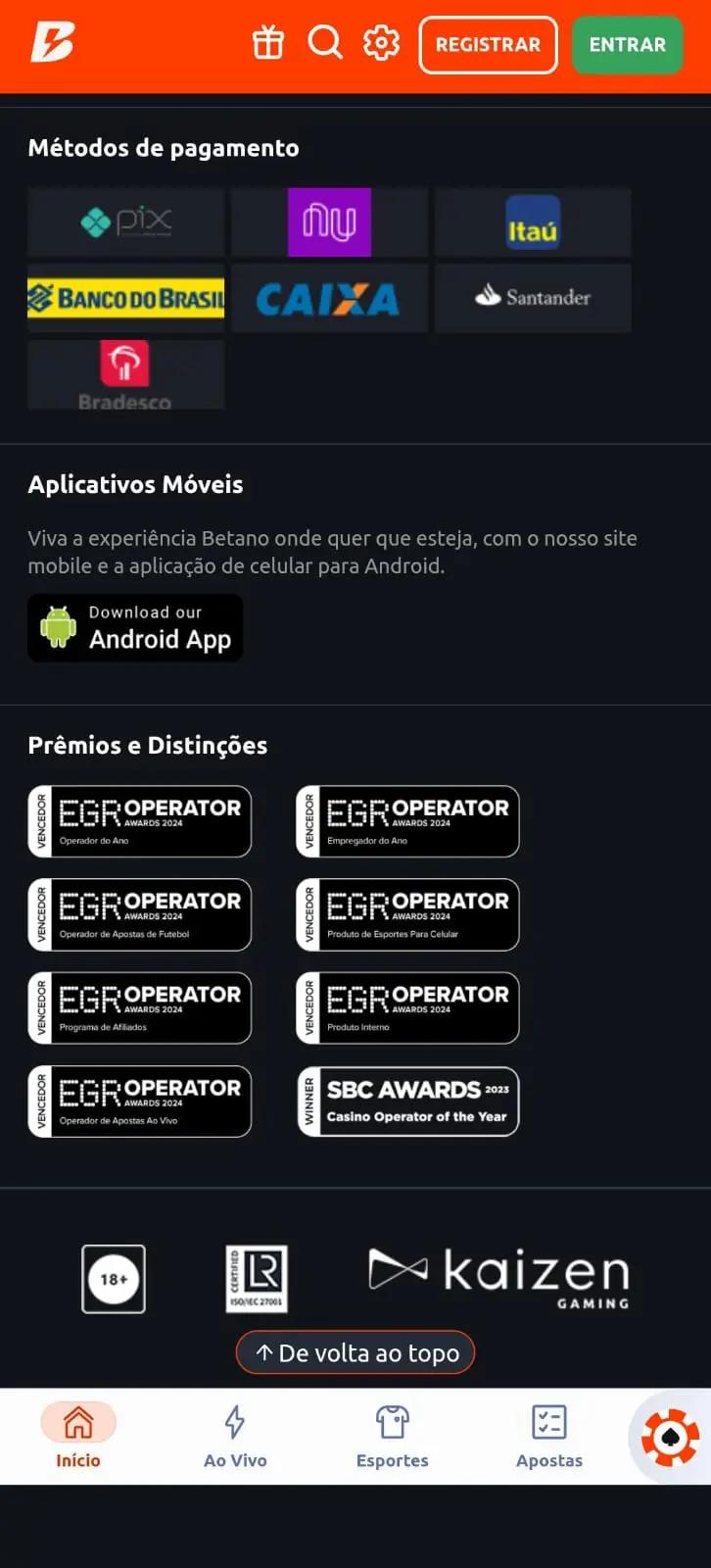 Captura de tela do rodapé do site da Betano com o botão de download do App Betano