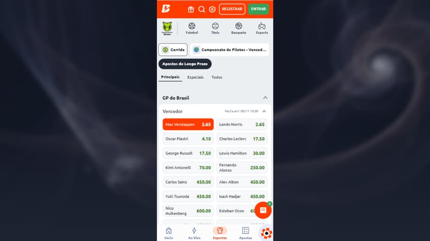 Apostas em Fórmula 1 na Betano com Verstappen e Norris como favoritos do GP do Brasil.