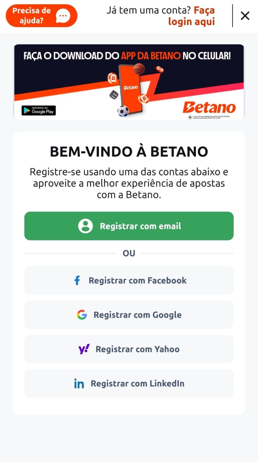 Captura de tela da página inicial de cadastro na Betano