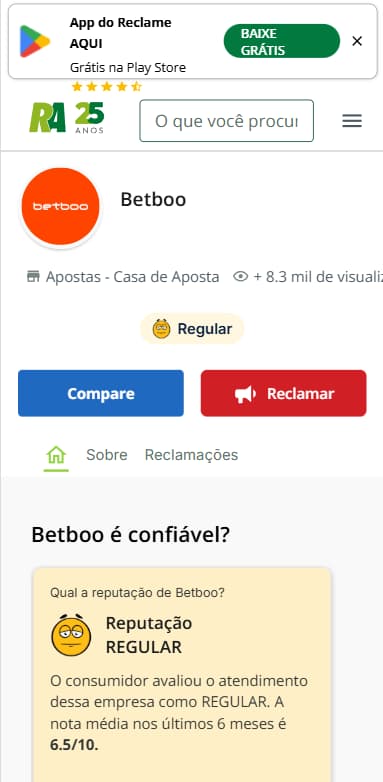 Reputação Betboo no Reclame Aqui