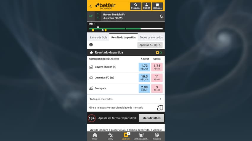 Captura de tela de apostas ao vivo da Betfair Exchange