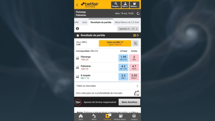 Captura de tela da página de uma aposta na Betfair Exchange