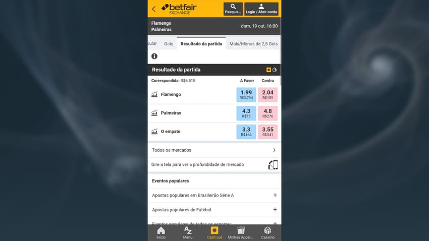 Captura de tela da página do Brasileirão na Betfair Exchange