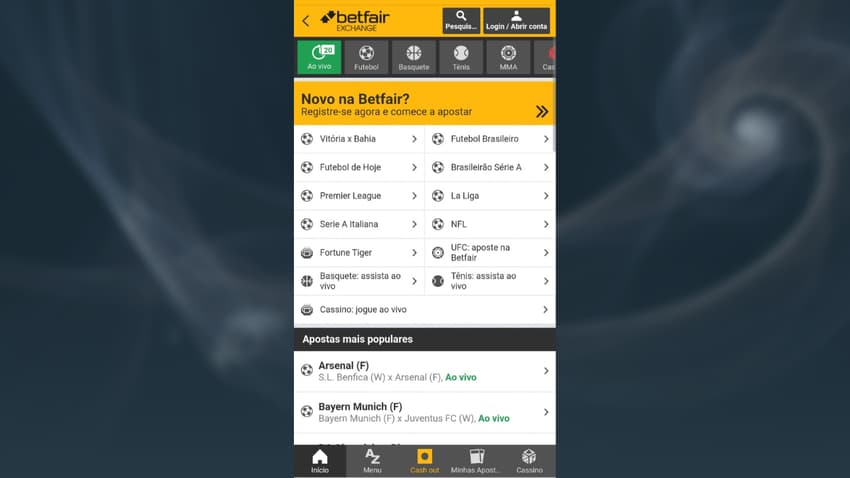 Captura de tela da página inicial da Betfair Exchange