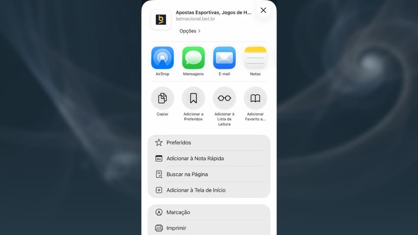Captura de tela mostra como criar atalho do Betnacional app iOS