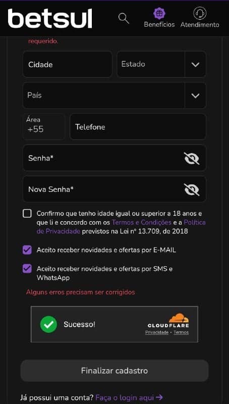 Formulário de cadastro na Betsul sem código promocional