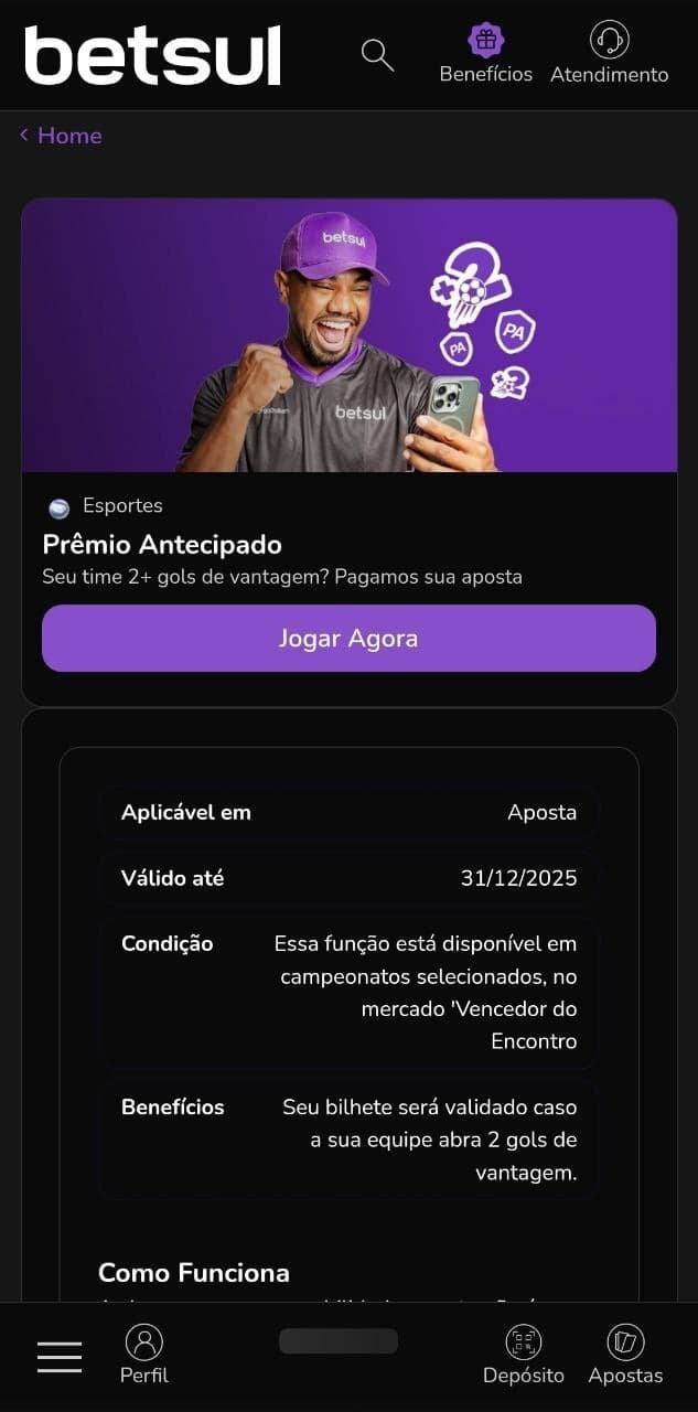  Benefício de pagamento antecipado com 2 gols de vantagem na Betsul