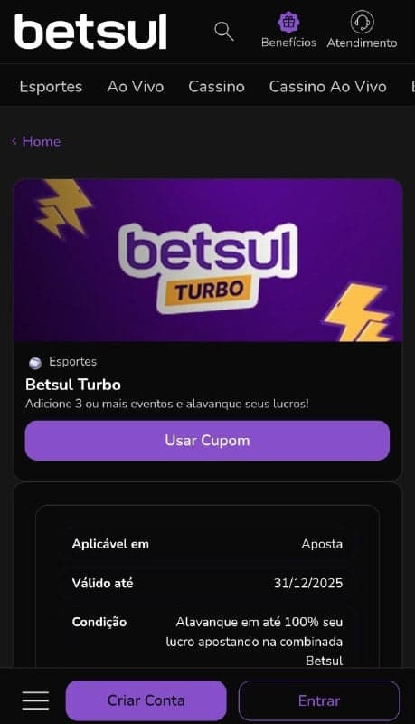 Oferta Betsul Turbo com ganhos aumentados em até 100% nas apostas combinadas