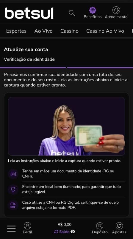 Etapa inicial de verificação de identidade na Betsul