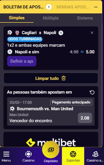 Bilhete de apostas da Multibet com palpite simples em Cagliari x Napoli e odds aumentadas