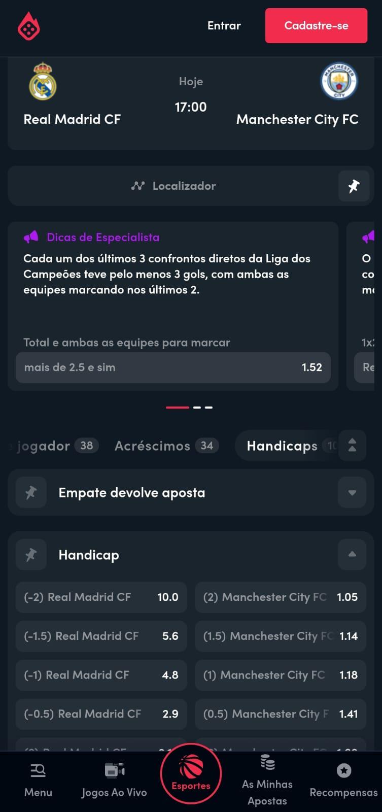 Captura de tela dos mercados de apostas na Blaze com Handicap Asiático.