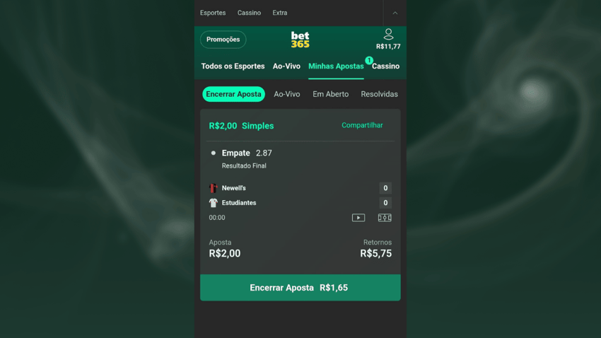 Captura de tela do botão de cash out na Bet365