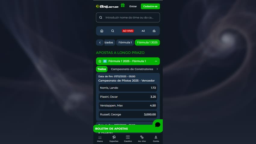 Mercados de apostas de F1 a longo prazo na Br4Bet.