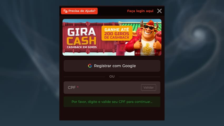 Captura de tela da página de cadastro da BateuBet Brasil