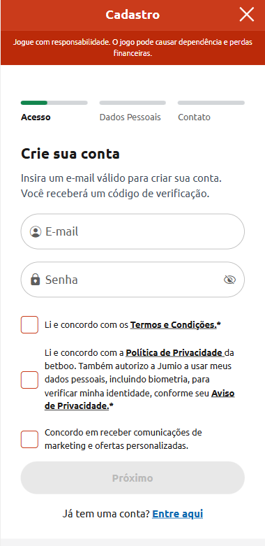 Tela de cadastro com formulário de criação de conta na Betboo