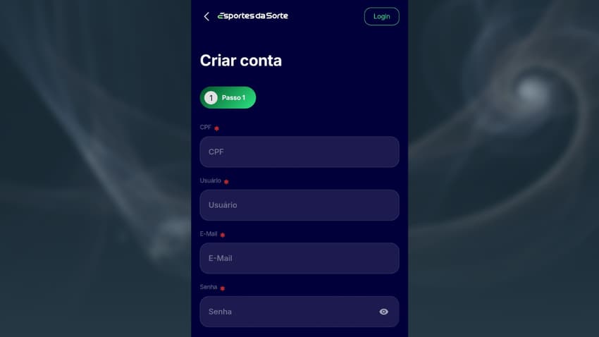 Captura de tela da página de cadastro da Esportes da Sorte